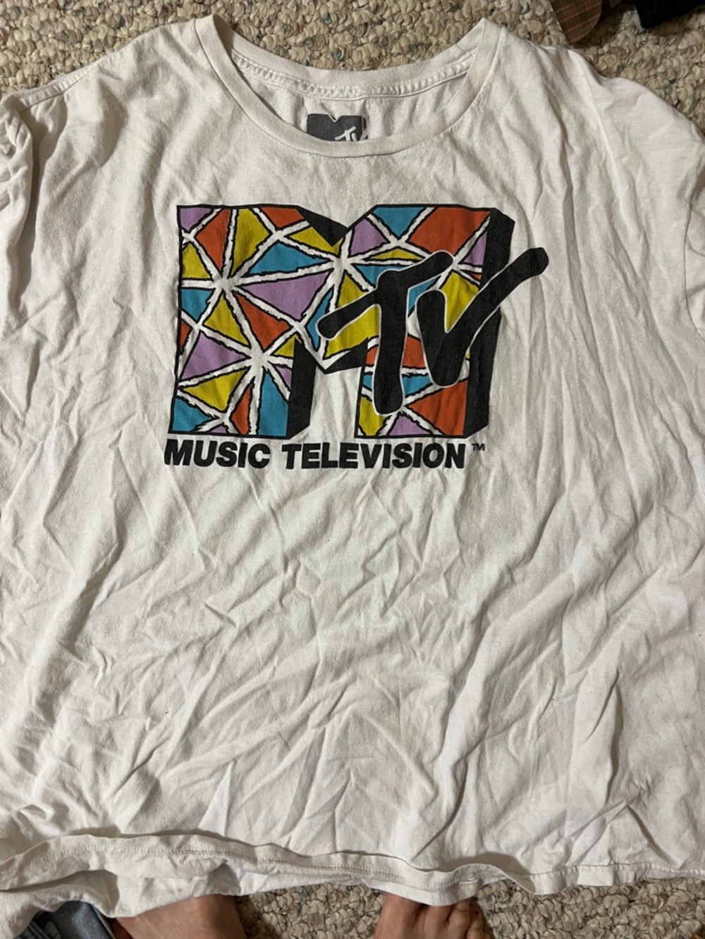 MTV White Tee with Multicolor Geometric Logo